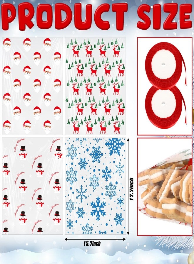 مينبلان أكياس بسكويت شفافة من مينبلان، ٥٠ قطعة، مزينة بشريط أحمر، بنقوش بابا نويل، غزال، رجل ثلج، وندفات ثلج، مثالية لتوزيعات حفلات عيد الميلاد. - Image 2